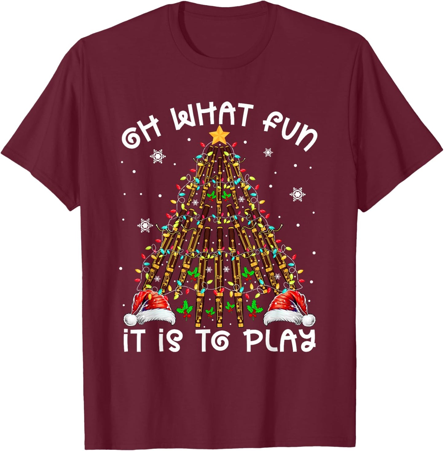Funny It Is To Play Santa Hats Bassoons Xmas Tree Instrument T-Shirt - T-Shirt | Maroon