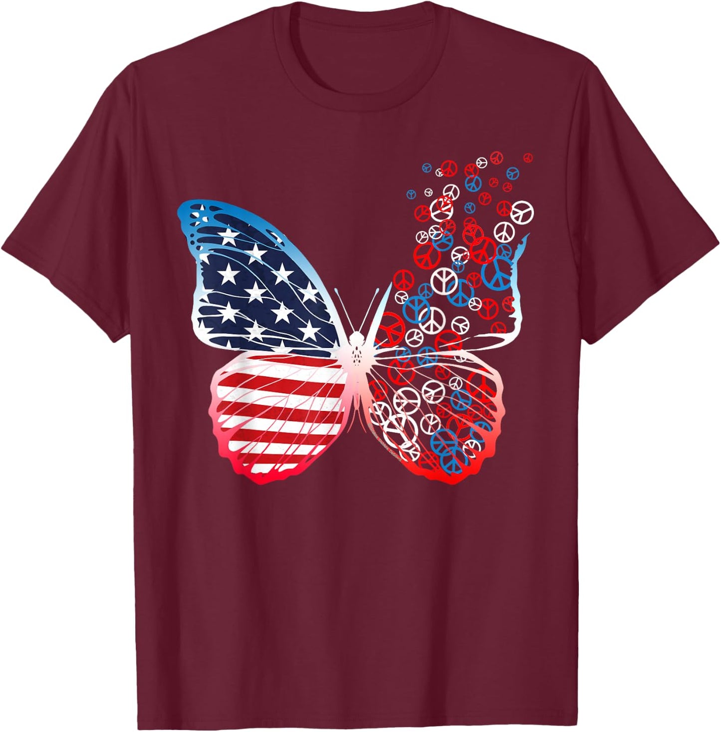 Butterfly Patriotic Peace Signs 4th of July US Flag T-Shirt - T-Shirt | Maroon