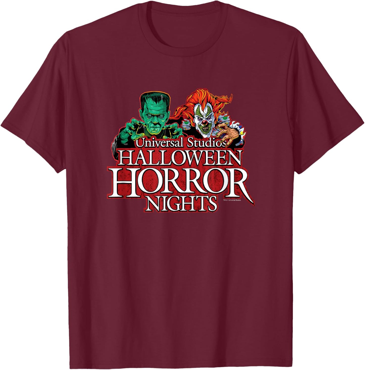 Halloween Horror Nights Frankenstein and Jack The Clown T-Shirt - T-Shirt | Maroon
