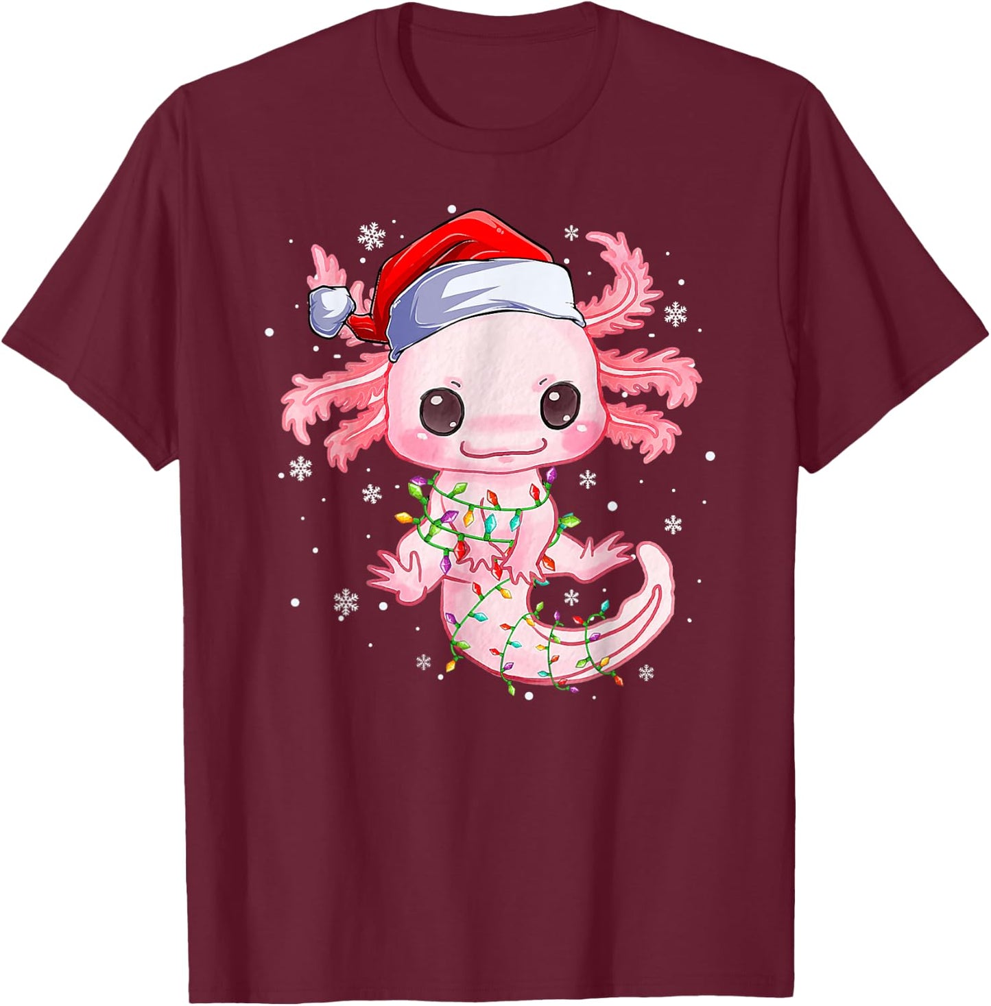 Christmas Axolotl Santa Hat Lights Japanese Cute Anime Xmas T-Shirt - T-Shirt | Maroon