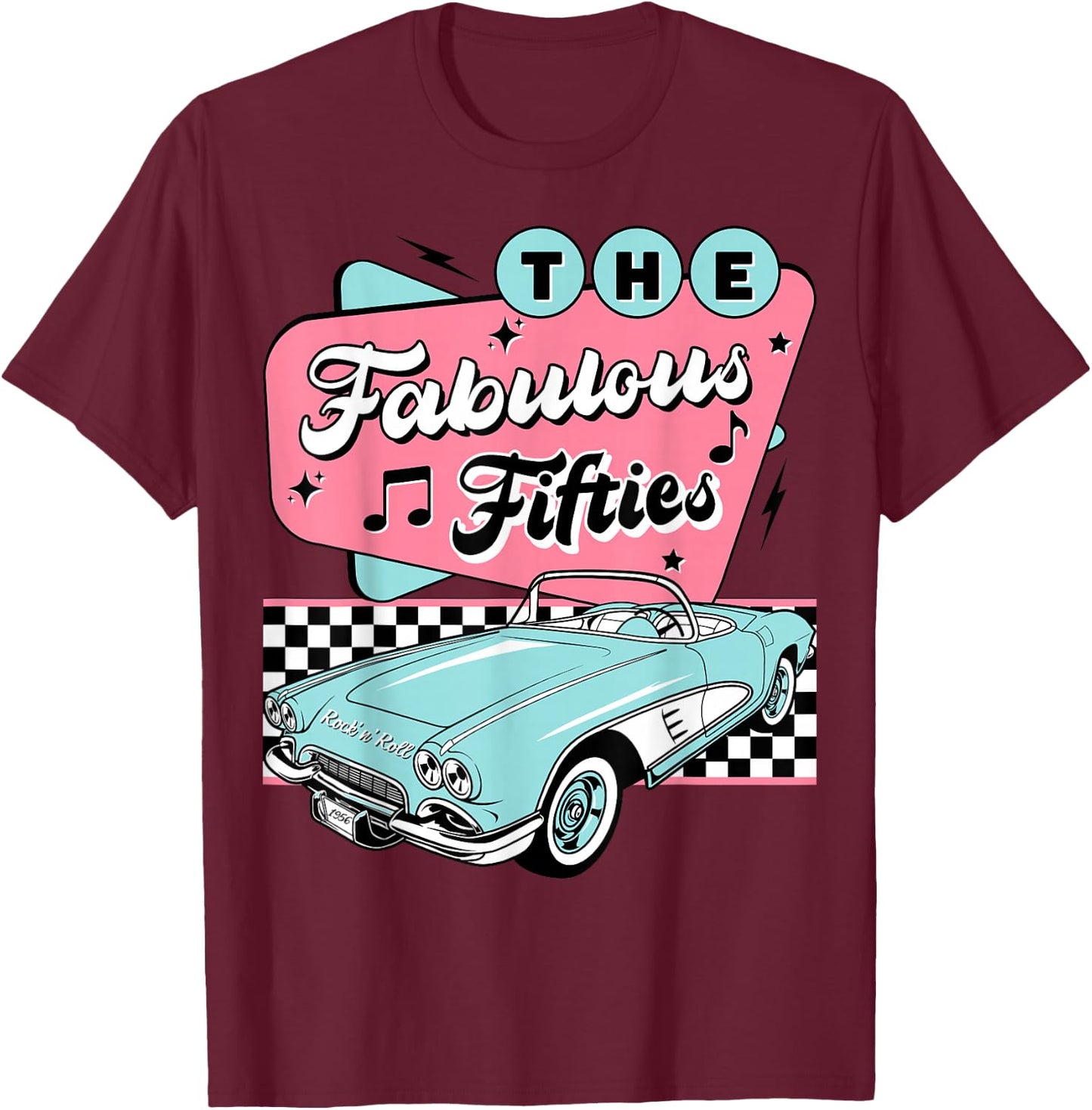 The Fifties 1950s Car Music Checkerboard Rockabilly Sock Hop T-Shirt - T-Shirt | Maroon