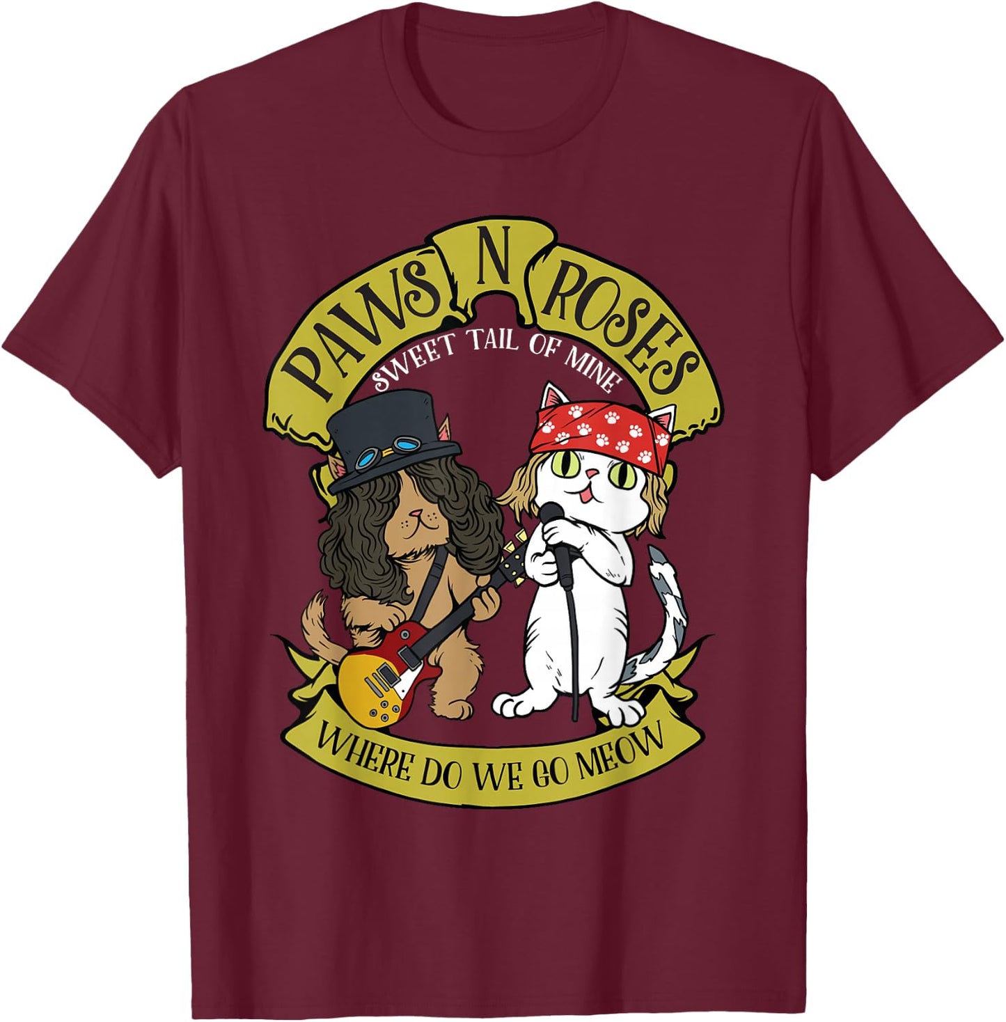 Funny Cat Paws Rock Music Gift Men Kids Women Funny Cat T-Shirt - T-Shirt | Maroon