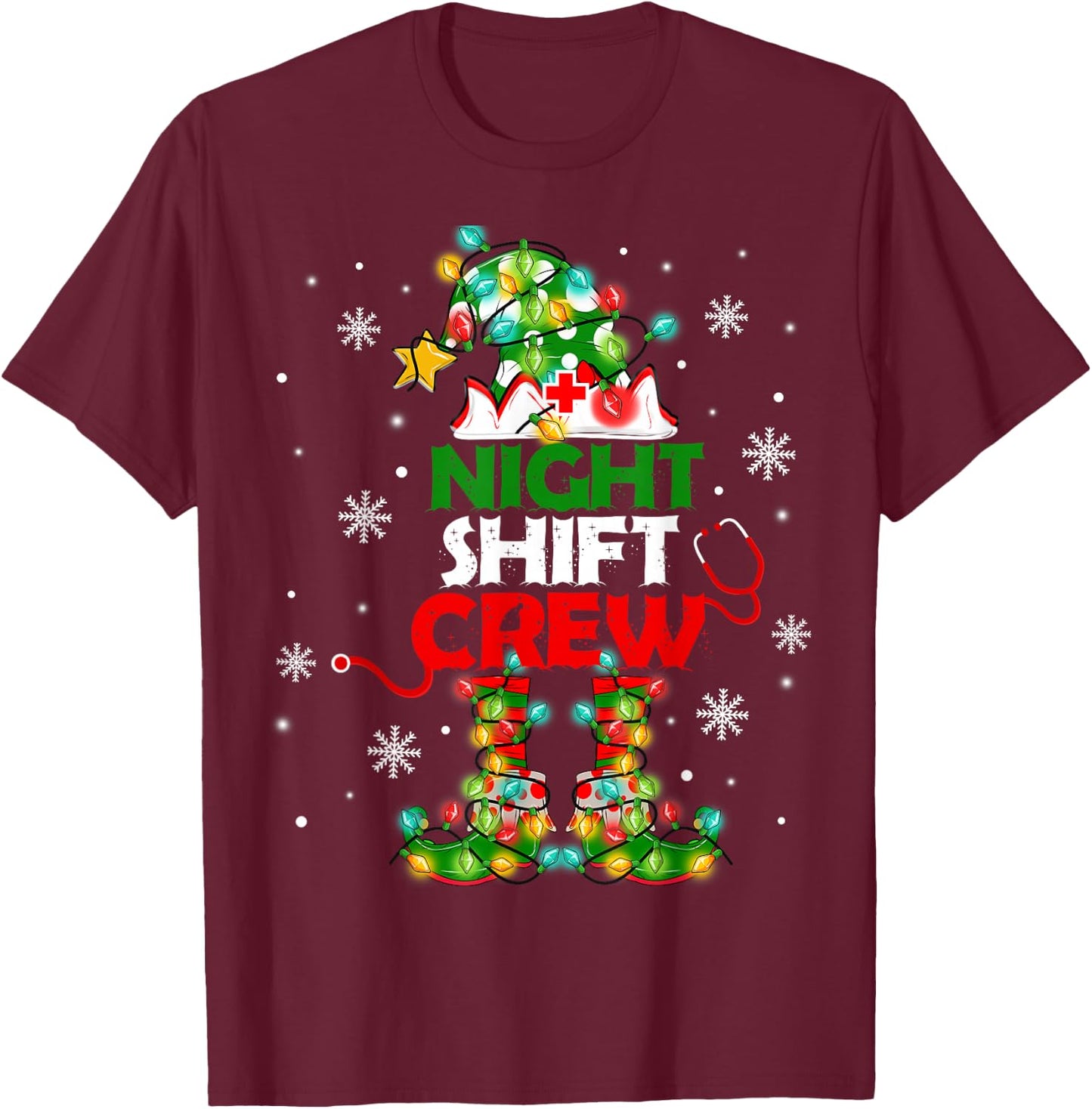 Funny Nurse Elf Christmas Lights Cute Xmas Night Shift Crew T-Shirt - T-Shirt | Maroon