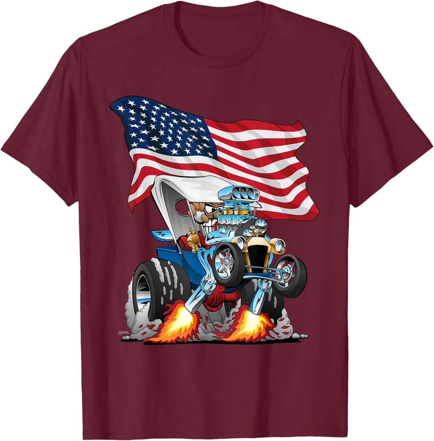 T-bucket Style Car Hotrod USA Flag Patriotic Cartoon Design T-Shirt - T-Shirt | Maroon