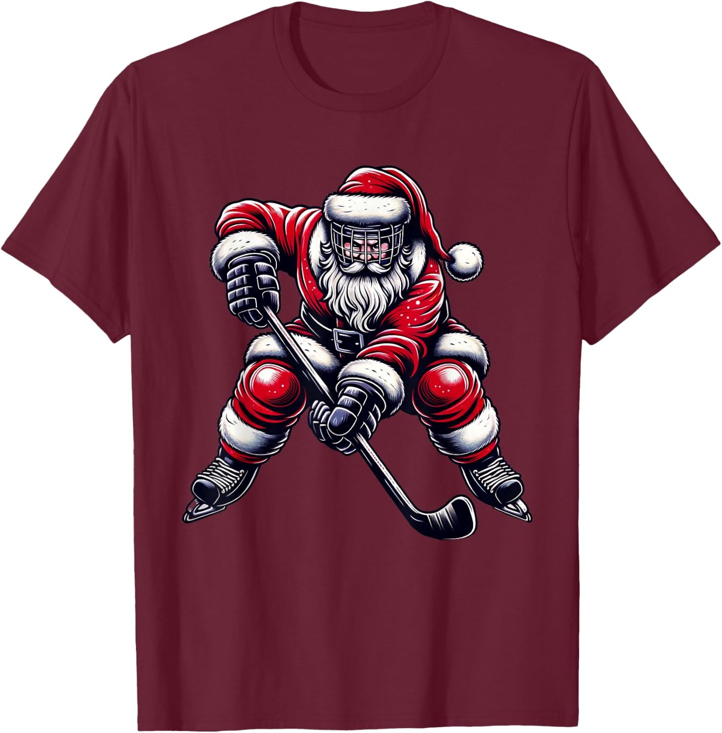 Christmas Sports Santa Plays Ice Hockey, Xmas Women Men Kids T-Shirt - T-Shirt | Maroon