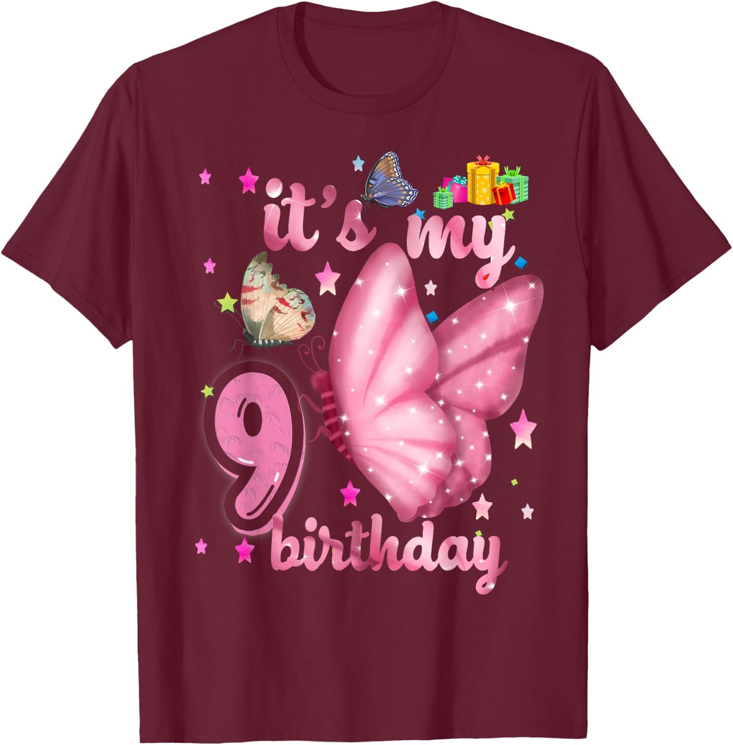 BUTTERFLY Birthday Girl Princess 9th Birthday BUTTERFLY T-Shirt - T-Shirt | Maroon