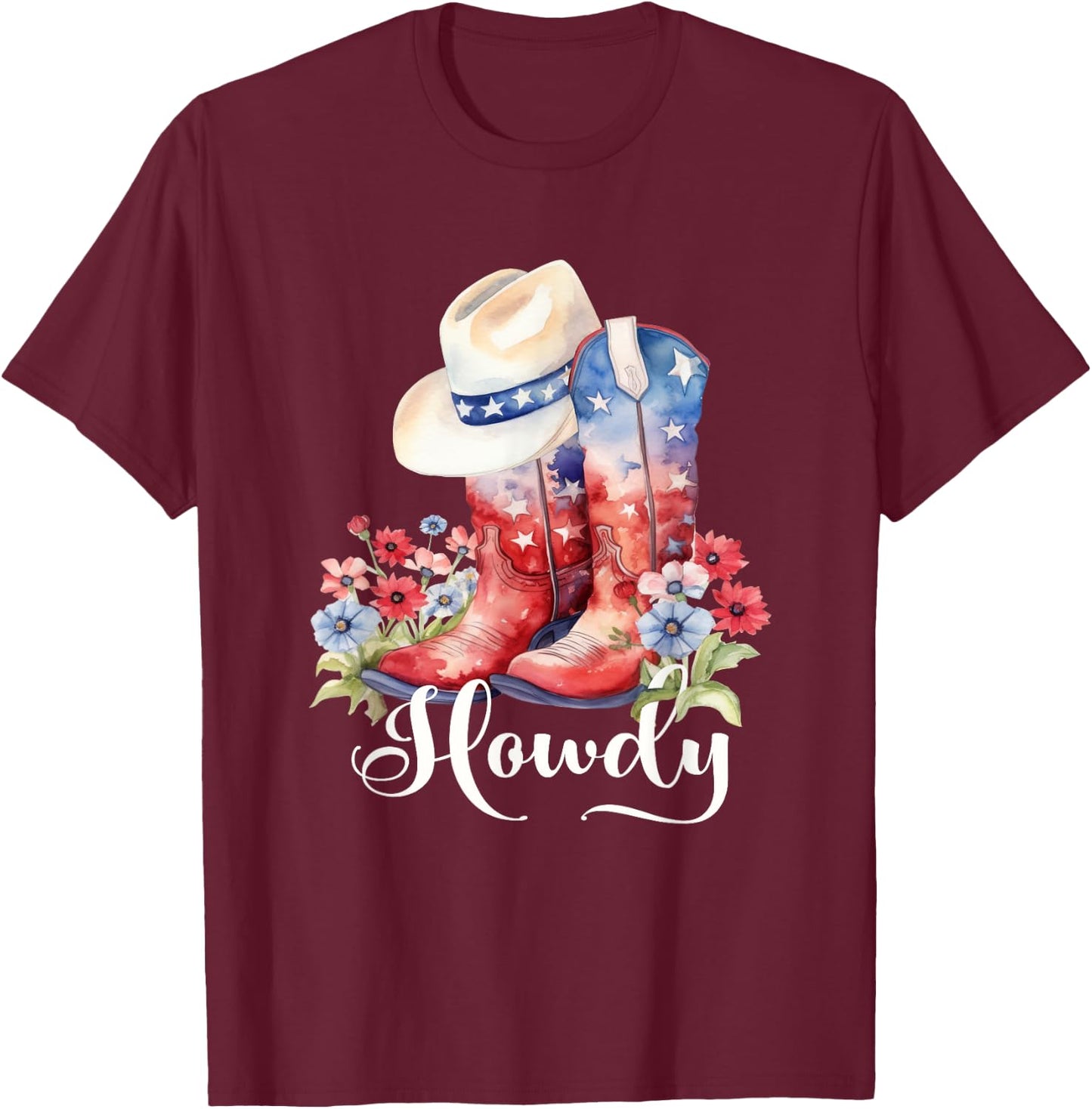 Cute Watercolor Cowgirl Boots Hat Flower Howdy Women Girls T-Shirt - T-Shirt | Maroon