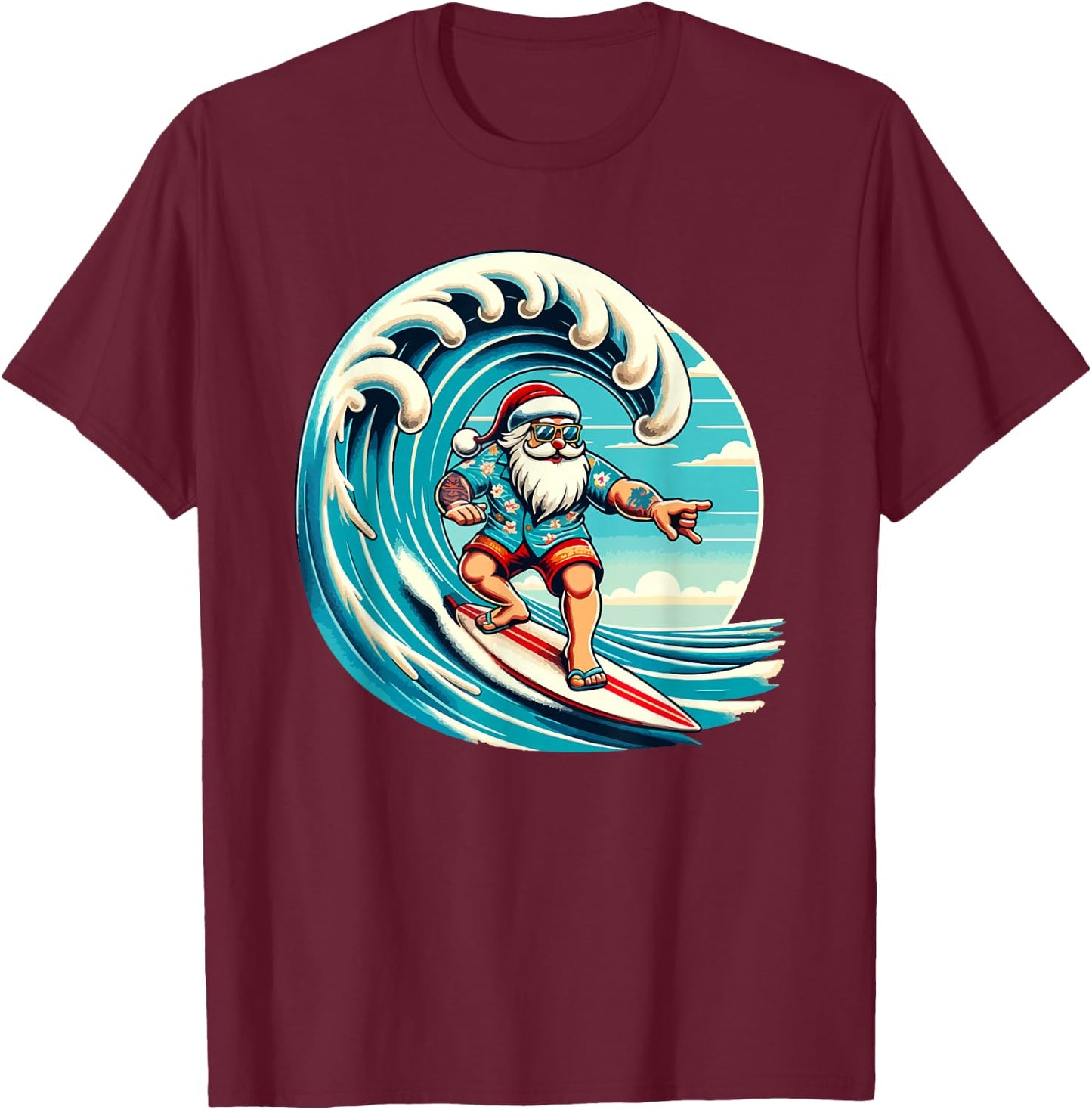 Santa Claus Hawaiian Surfing Christmas Aloha Tropical Xmas T-Shirt - T-Shirt | Maroon