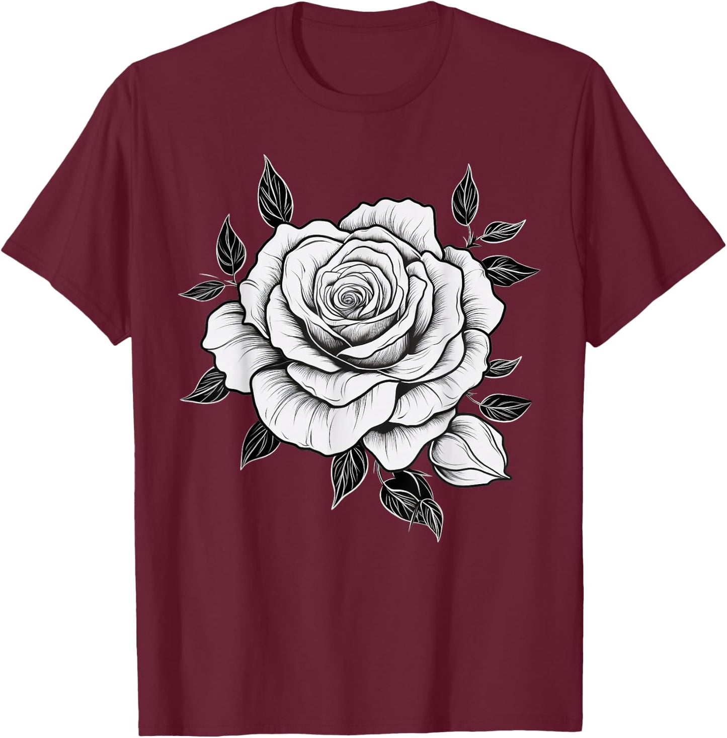 Minimalistic Rose Flower on black and white Rose T-Shirt - T-Shirt | Maroon