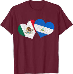 Mexico Nicaragua Hearts Mexican Nicaraguan Flag Pride Nica T-Shirt - T-Shirt | Maroon