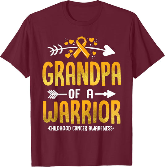 Grandpa Of A Warrior Childhood Cancer Awareness Gold Ribbon T-Shirt - T-Shirt | Maroon