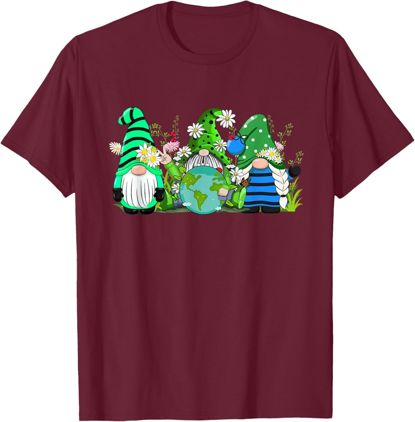 Three Gnomes Daisy Flower Earth Day Funny Gnome Lover T-Shirt - T-Shirt | Maroon