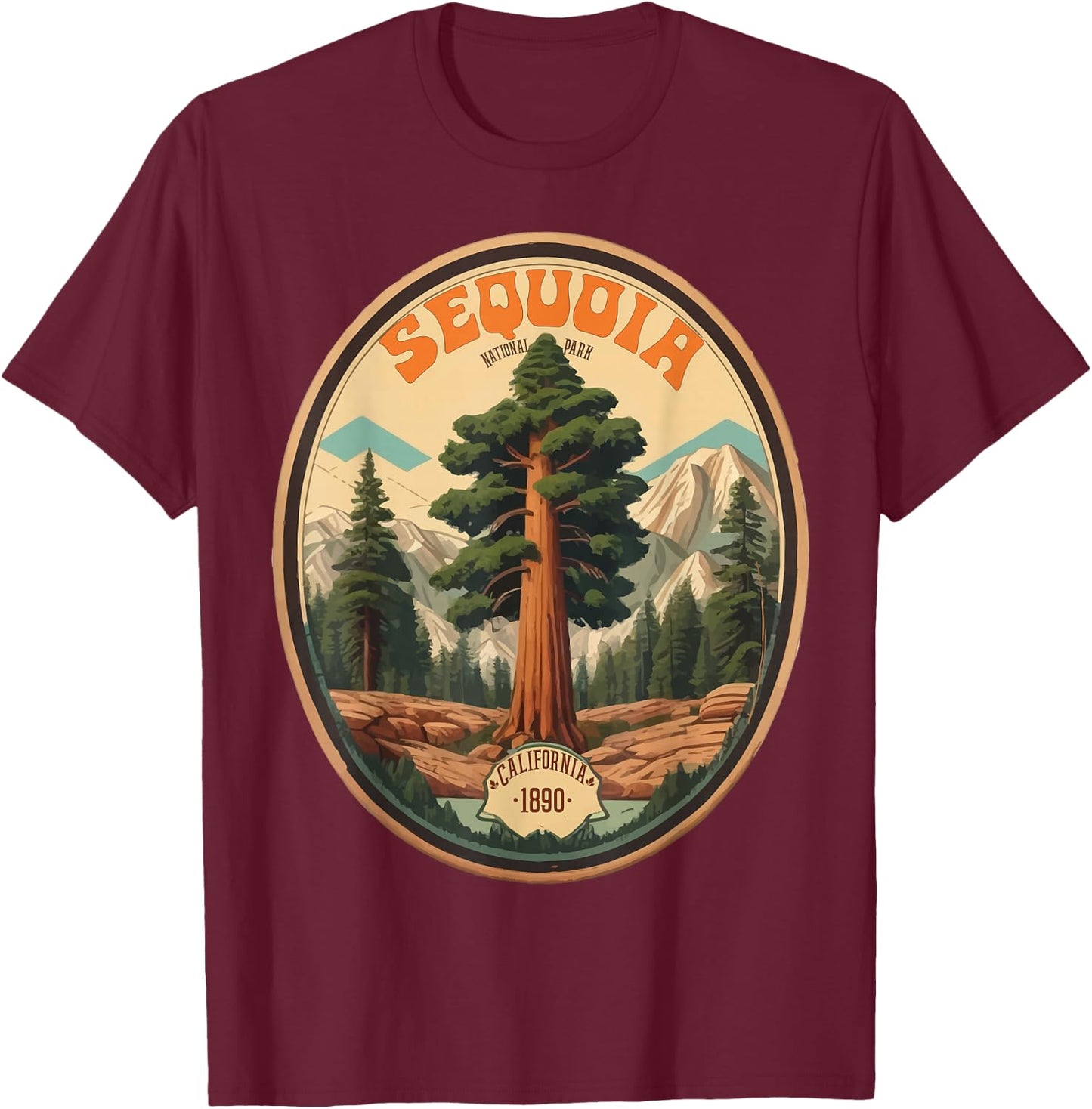 Sequoia National Park Tree Illustration Hiking Retro Badge T-Shirt - T-Shirt | Maroon