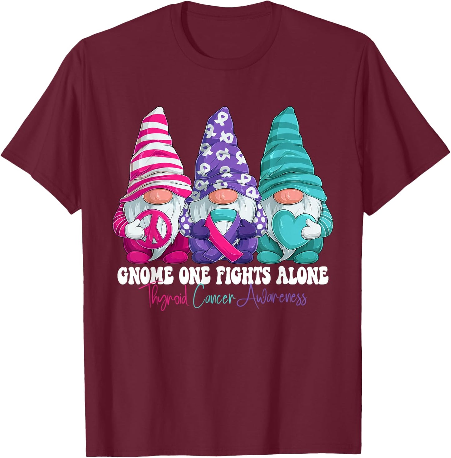 Funny Gnomies Thyroid Cancer Awareness Month Ribbon T-Shirt - T-Shirt | Maroon
