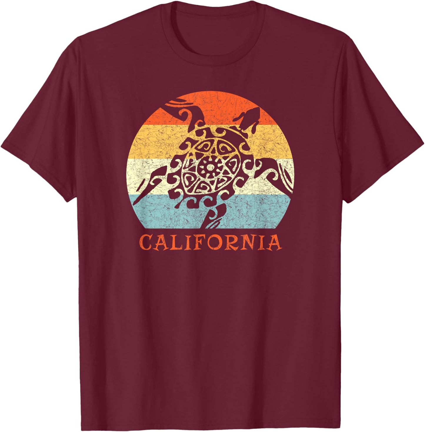 California Vintage Vacation Retro Tribal Sea Turtle T-Shirt - T-Shirt | Maroon