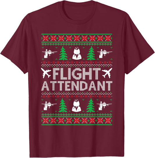 Ugly Christmas Sweaters Matching Flight Attendant Holiday T-Shirt - T-Shirt | Maroon