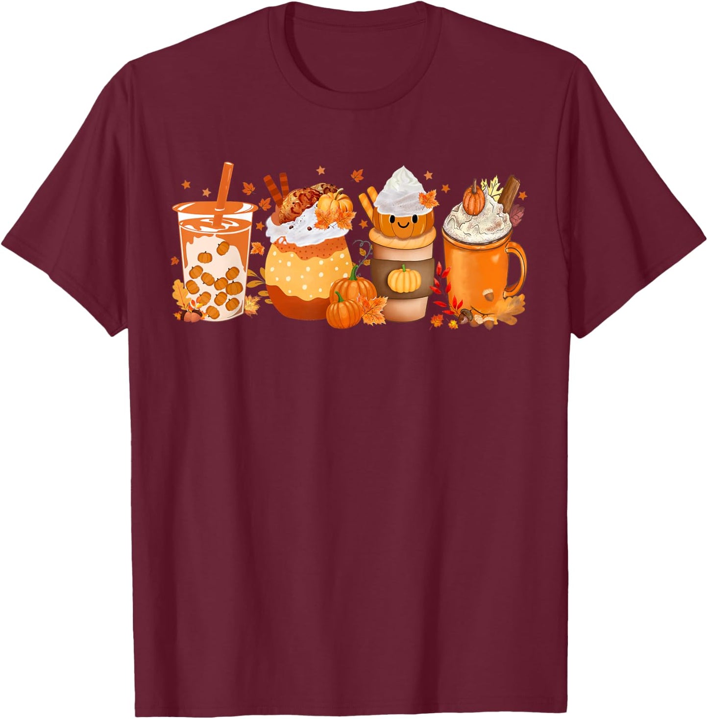 Pumpkin Spice Coffee Latte Fall Autumn Season Hello Fall T-Shirt - T-Shirt | Maroon