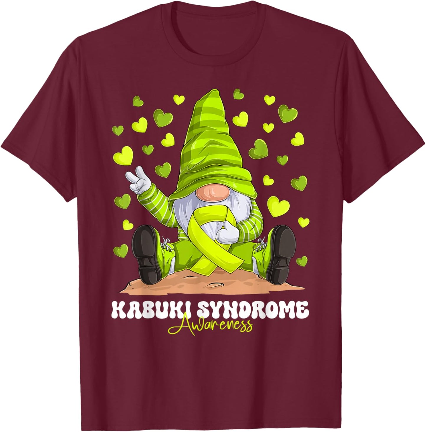 Kabuki Syndrome Awareness Month Lime Green Ribbon Gnome T-Shirt - T-Shirt | Maroon