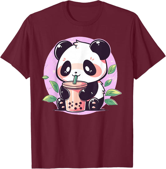 Kawaii Cute Anime Panda Drinking Bubble Boba Tea Girls Teens T-Shirt - T-Shirt | Maroon