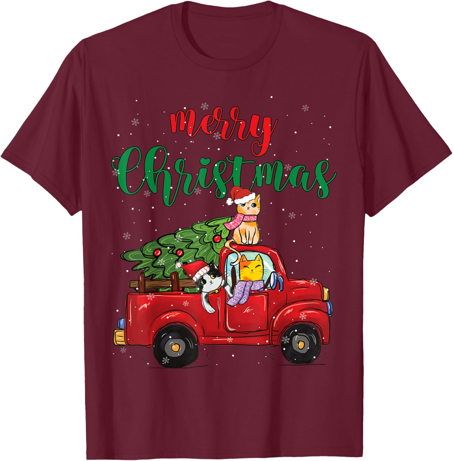 Merry Christmas Outfit Cats Truck Christmas T-Shirt - T-Shirt | Maroon