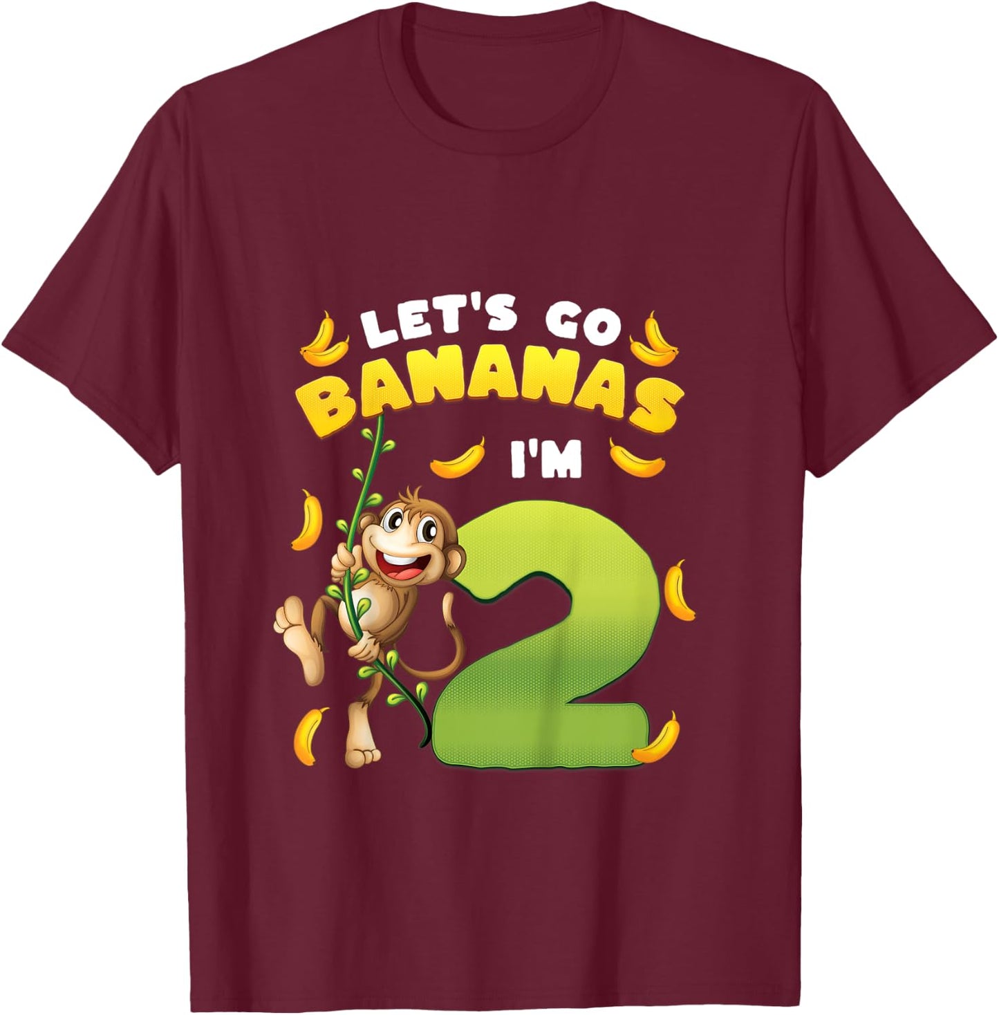 Kids Let's Go Bananas I'm 2 Zoo Animal Jungle Safari 2nd Birthday T-Shirt - T-Shirt | Maroon