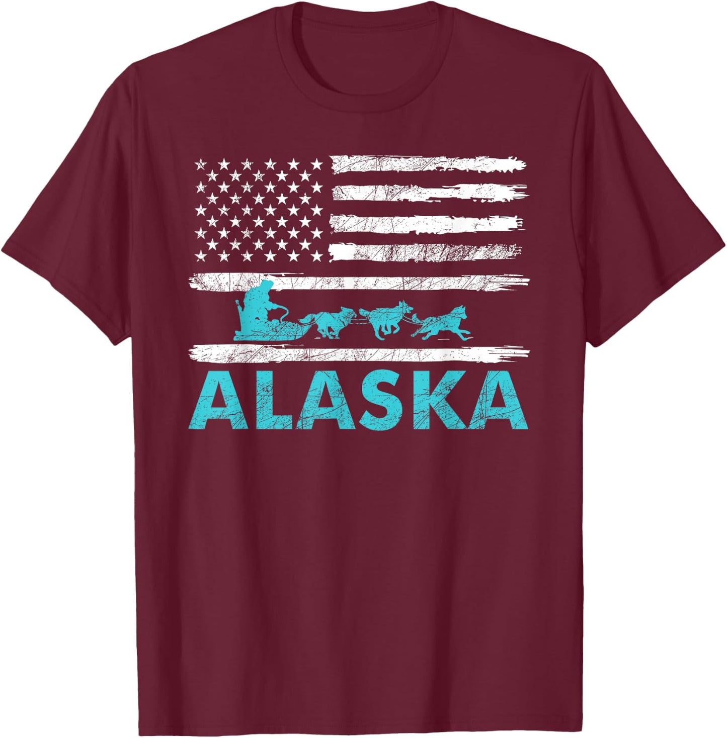 Alaska Sled Dogs Mushing Dog Racing Sledding USA Flag Musher T-Shirt - T-Shirt | Maroon