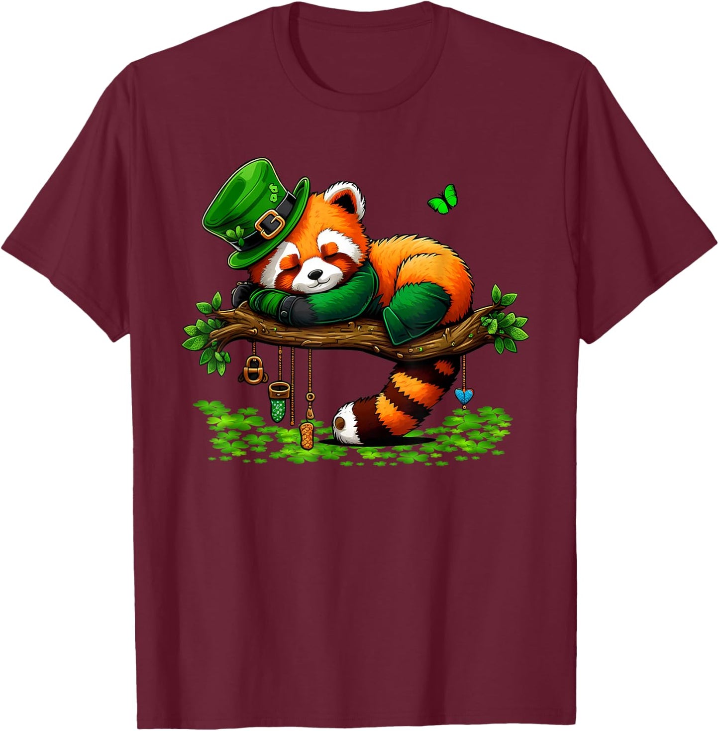 St Patricks Day Lazy Red Panda Shamrock Leprechaun Hat Panda T-Shirt - T-Shirt | Maroon