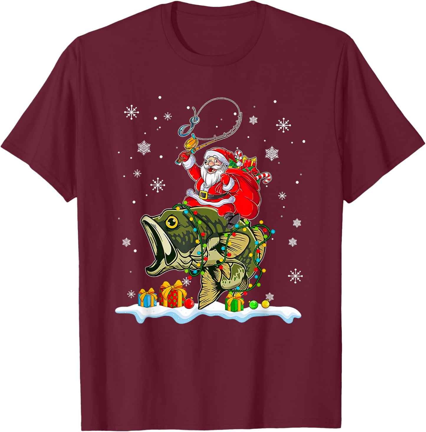 Christmas Bass Fishing Funny Santa Riding Fish Fishermen PJ T-Shirt - T-Shirt | Maroon