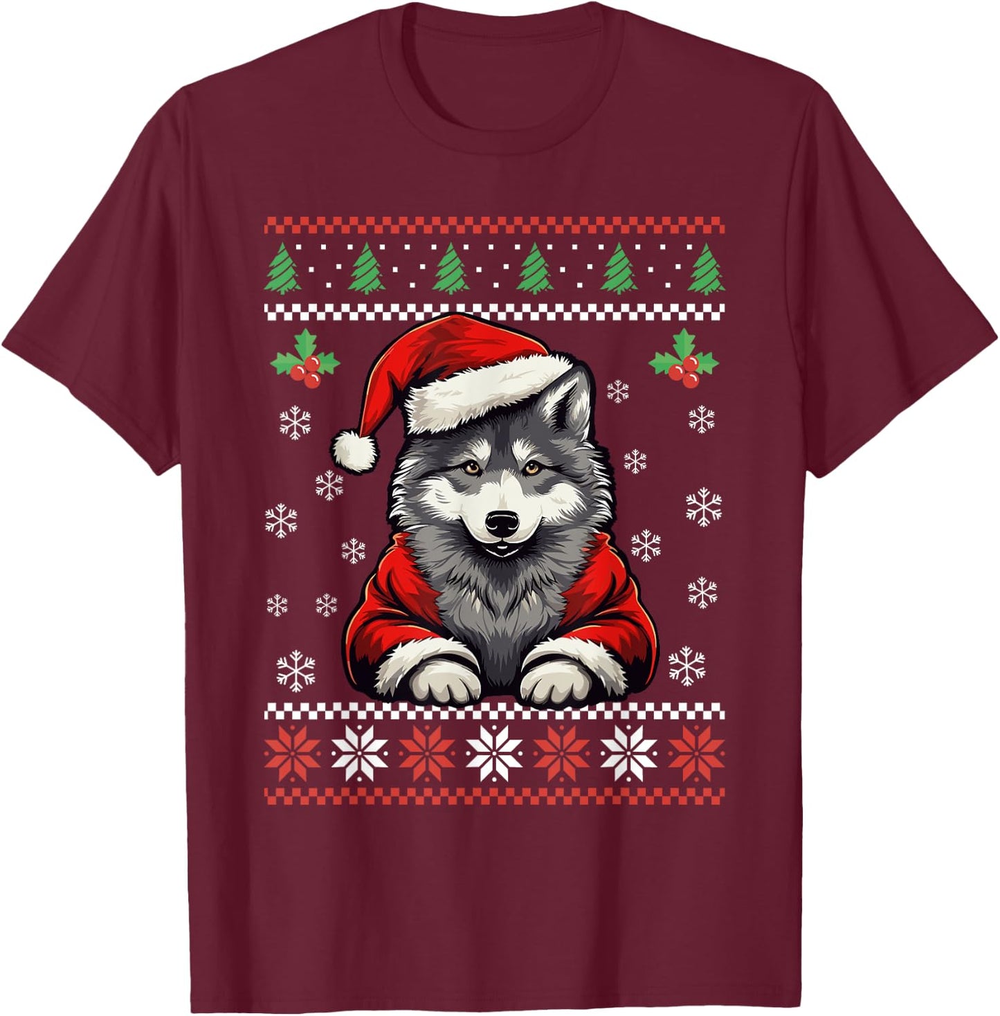 Wolf Ugly Christmas Sweater Wolves Xmas Adults Kids T-Shirt - T-Shirt | Maroon