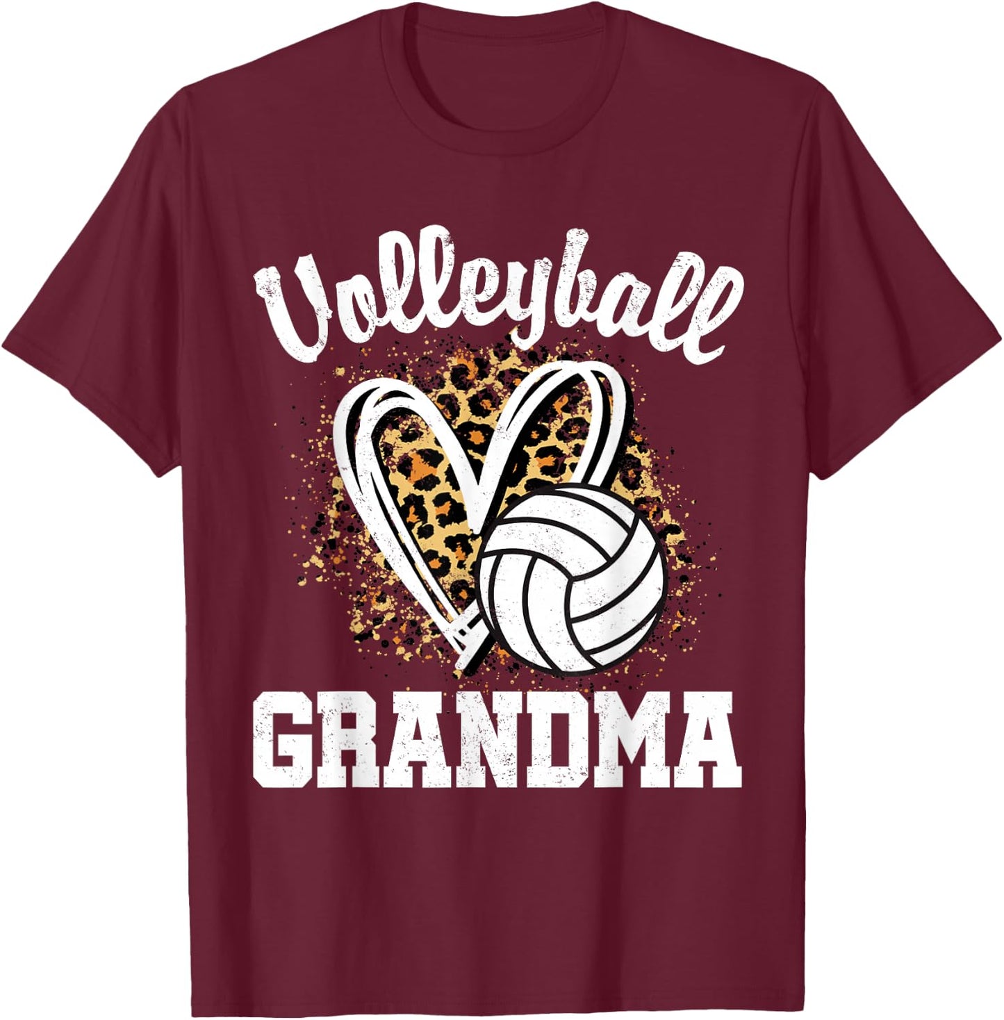Volleyball Grandma Leopard Heart T-Shirt - T-Shirt | Maroon