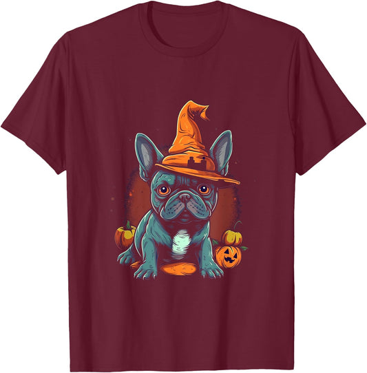 French Bulldog Witch Hat Halloween Costume Dog Lover Puppy Women Kids T-Shirt - T-Shirt | Maroon