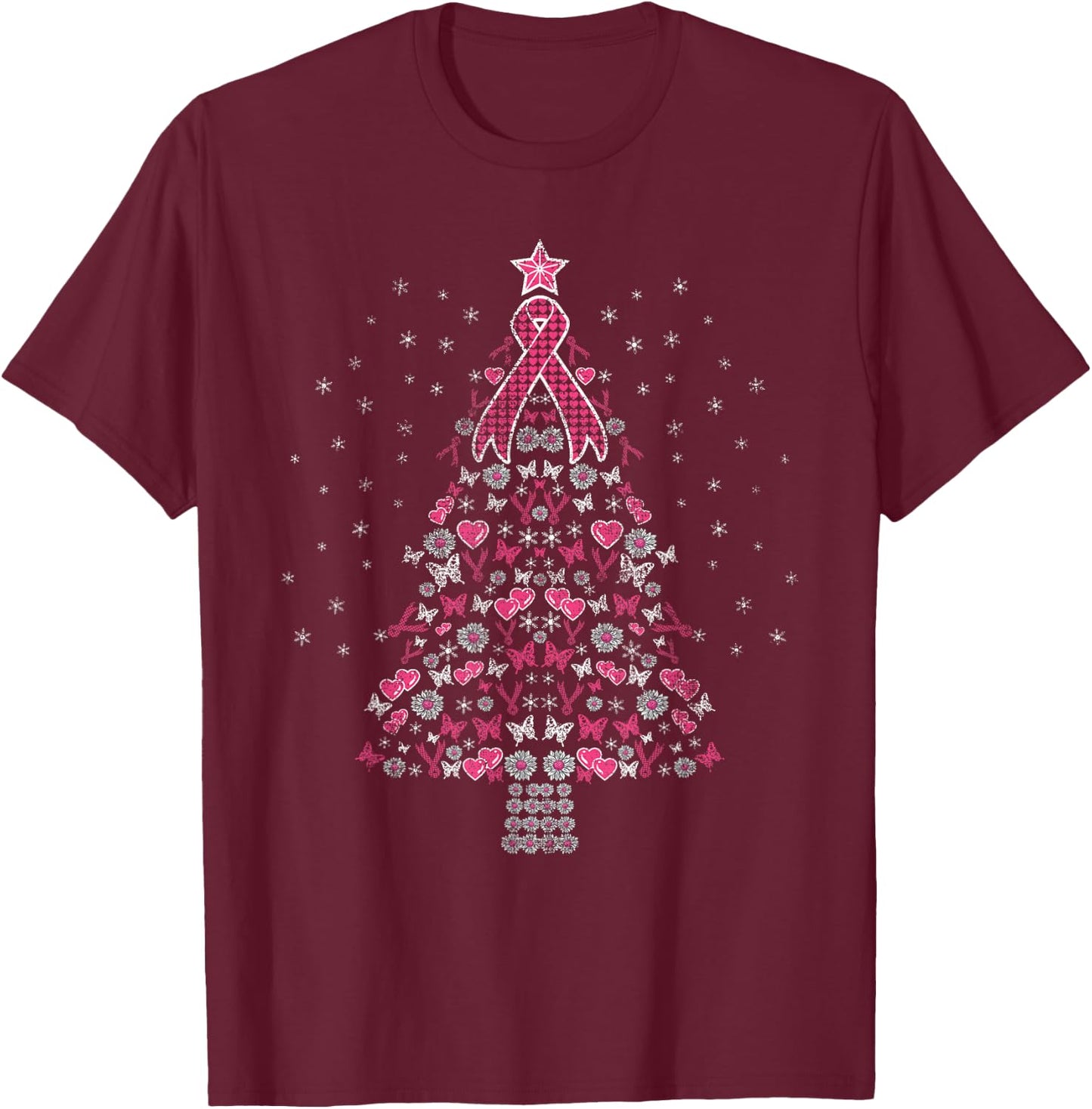 Breast Cancer Christmas Tree Breast Cancer Awareness T-Shirt - T-Shirt | Maroon