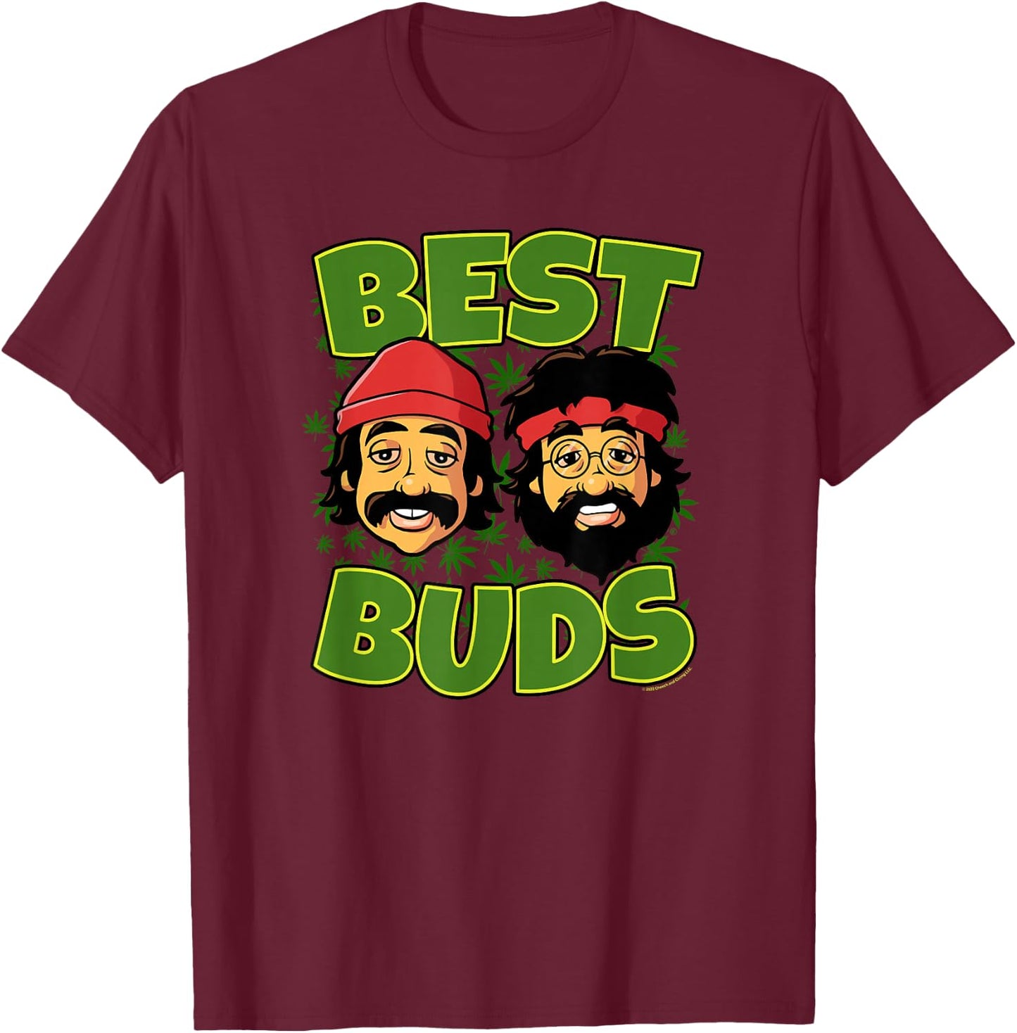 Cheech & Chong Best Buds Cartoon Heads Weed Background T-Shirt - T-Shirt | Maroon
