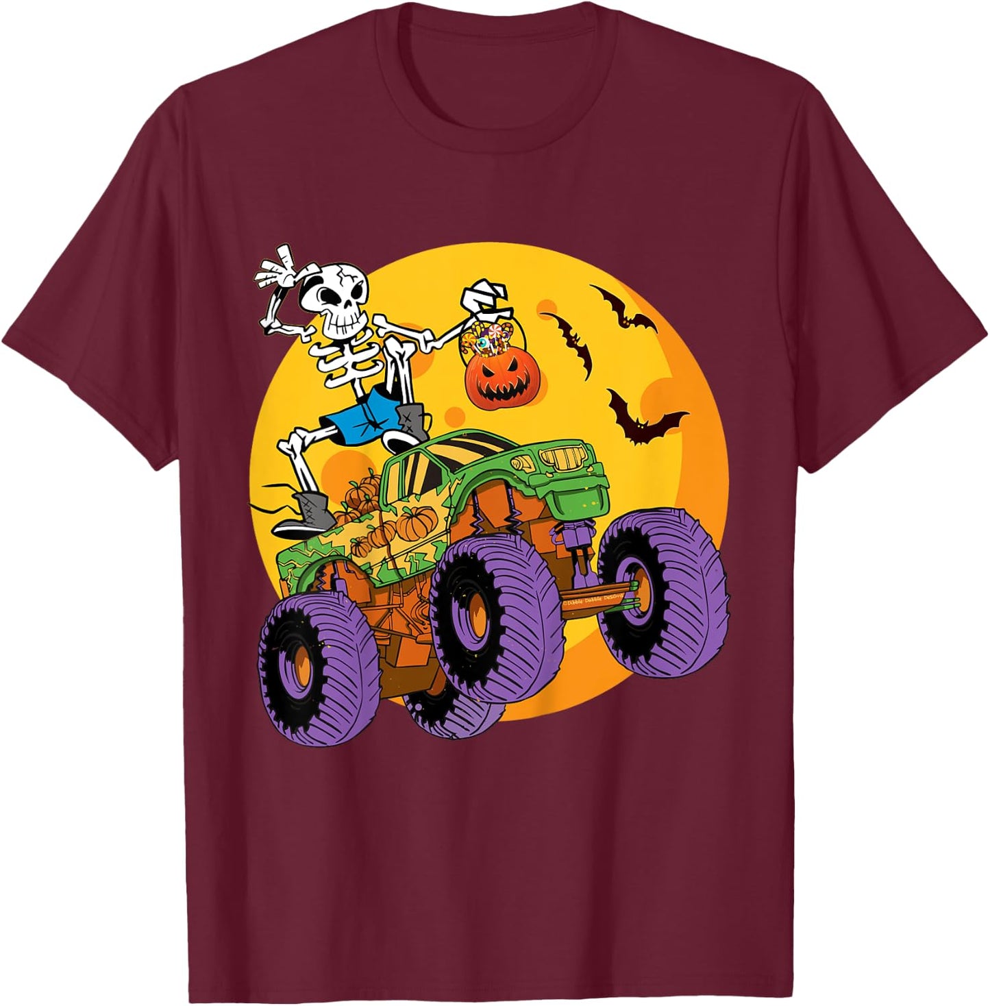 Kids Skeleton Monster Truck Trick Treat Halloween Monster Truck T-Shirt - T-Shirt | Maroon