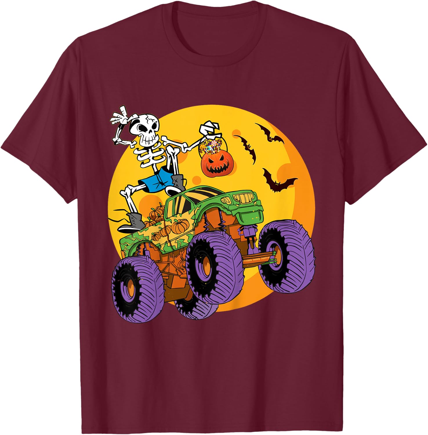 Kids Skeleton Monster Truck Trick Treat Halloween Monster Truck T-Shirt - T-Shirt | Maroon