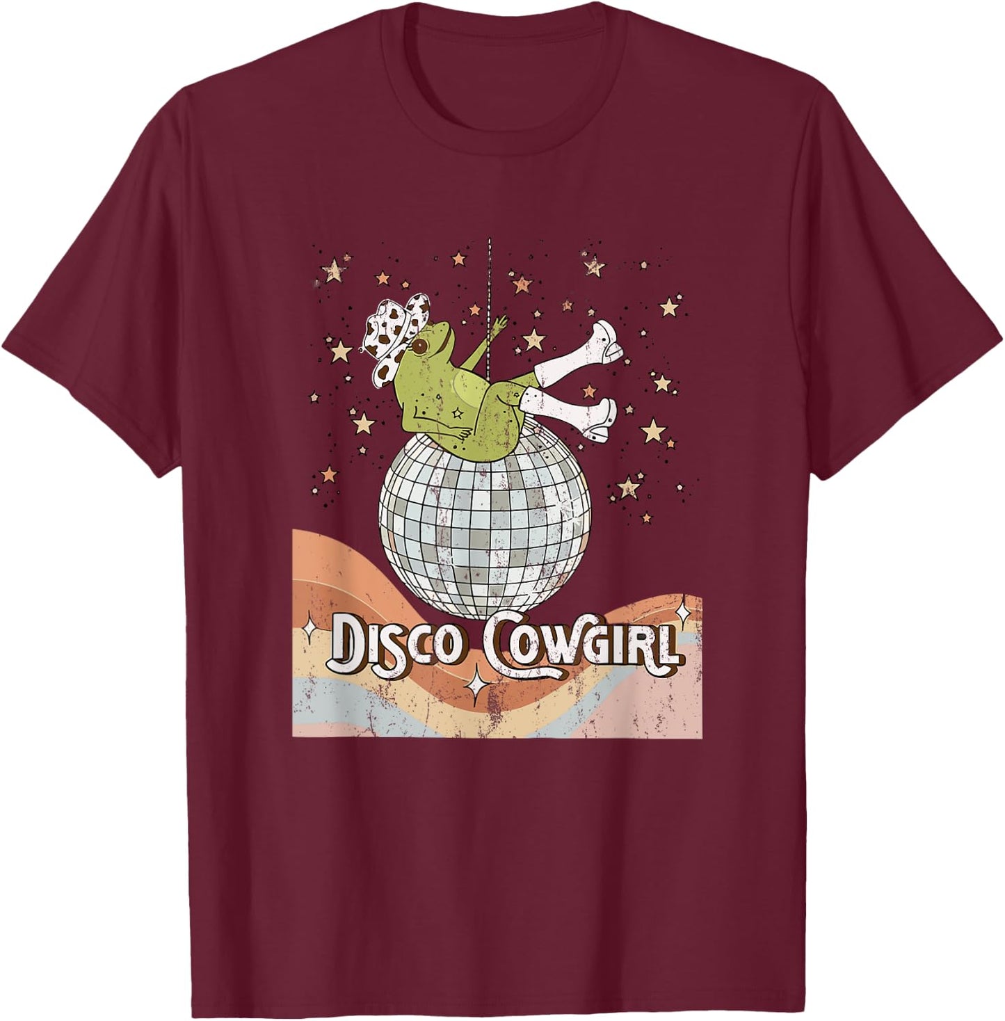 Retro Disco cowgirl, Space Cowgirl, Disco Party frog Cowboy T-Shirt - T-Shirt | Maroon