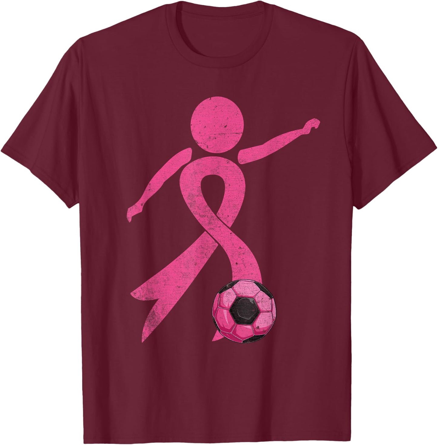 Retro Soccer Pink Ribbon Breast Cancer Awareness Sport T-Shirt - T-Shirt | Maroon