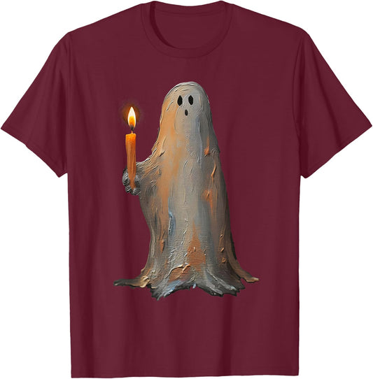 Halloween Ghost Holding Candle Spooky T-Shirt - T-Shirt | Maroon