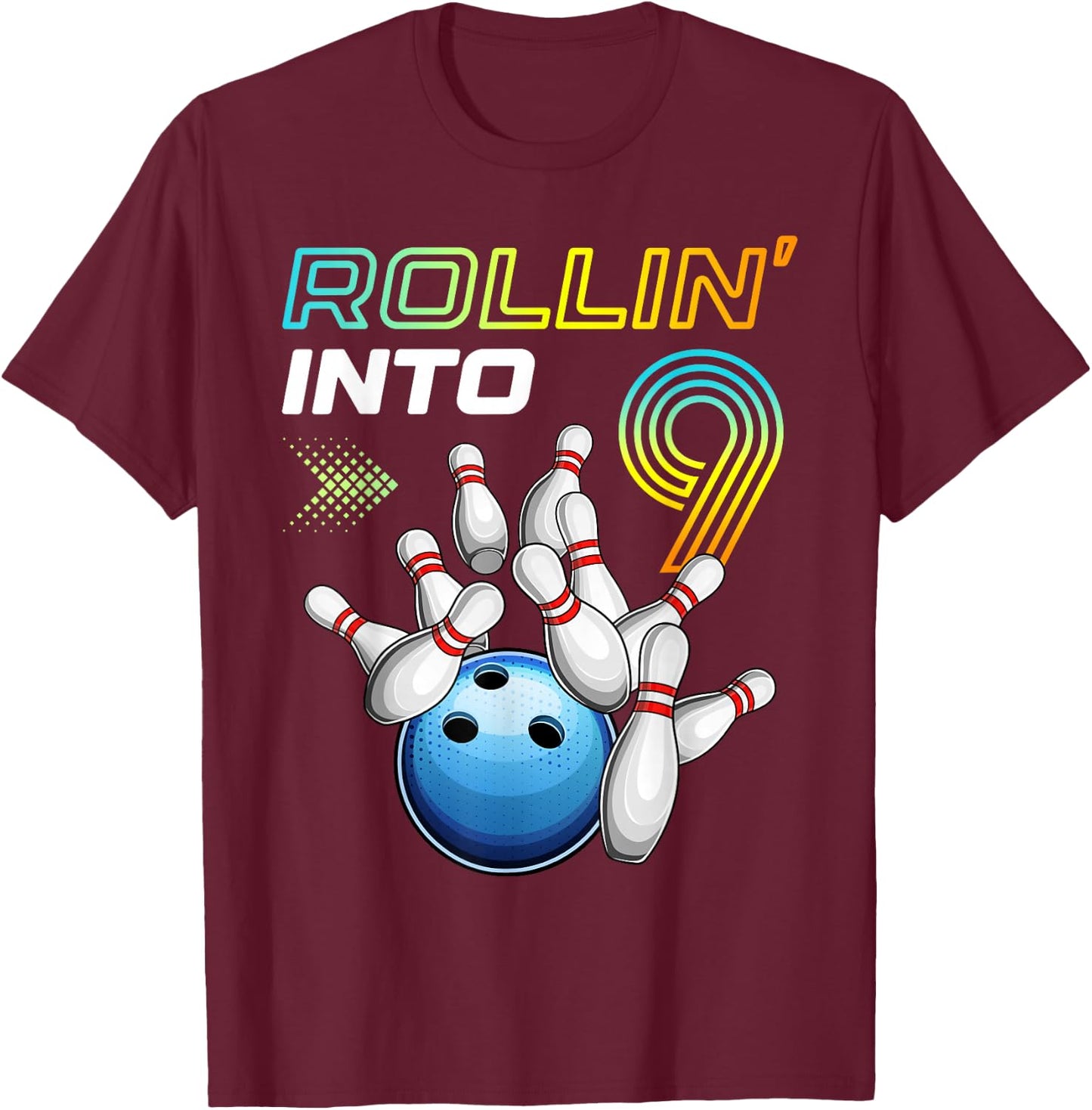 Rollin Into 9 Retro Bowling Birthday Party 9th Birthday T-Shirt - T-Shirt | Maroon