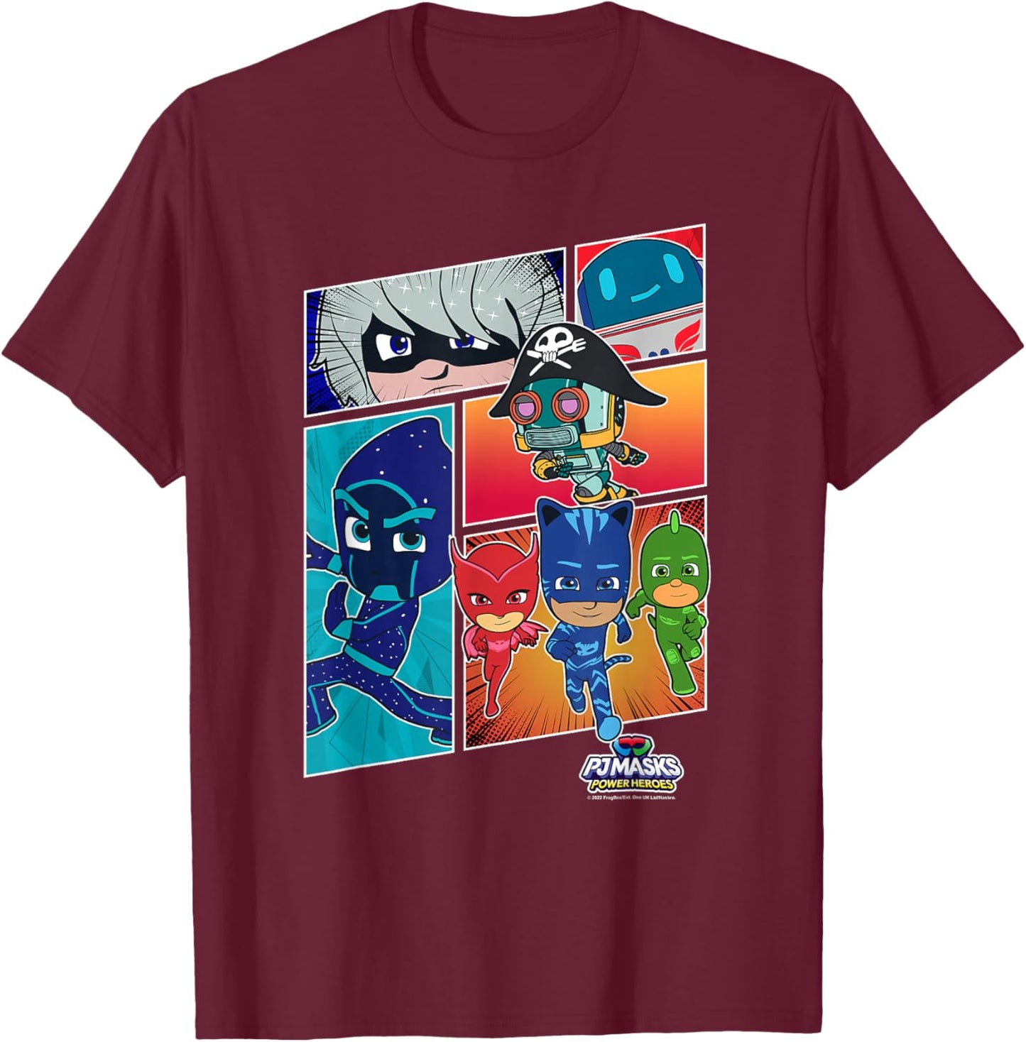 PJ Masks Group Shot Comic Panels Epic Logo T-Shirt - T-Shirt | Maroon