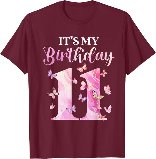 Butterfly 11th Birthday Outfit 11 Years Old Girl Kids Cute T-Shirt - T-Shirt | Maroon