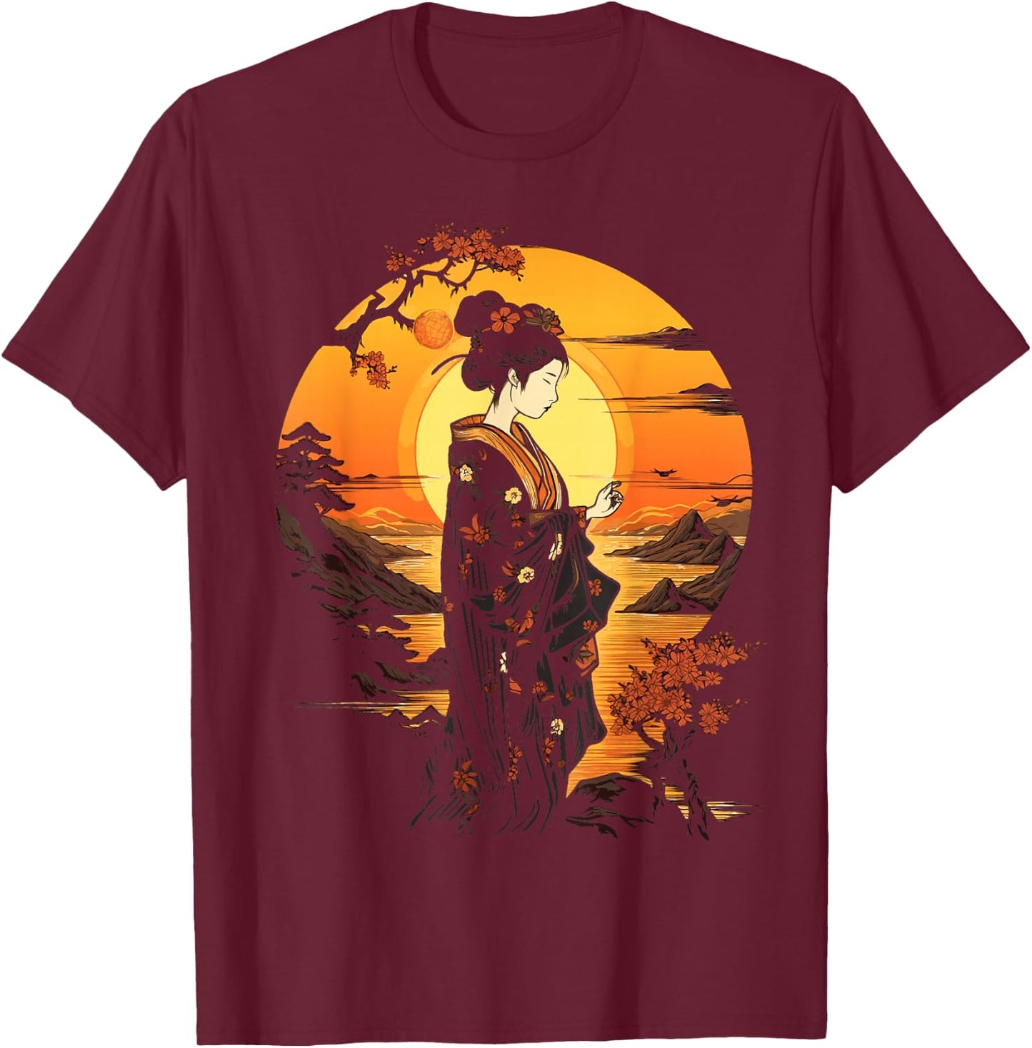 Japanese Geisha Zen Aesthetic Sakura Asian Art Beautiful T-Shirt - T-Shirt | Maroon