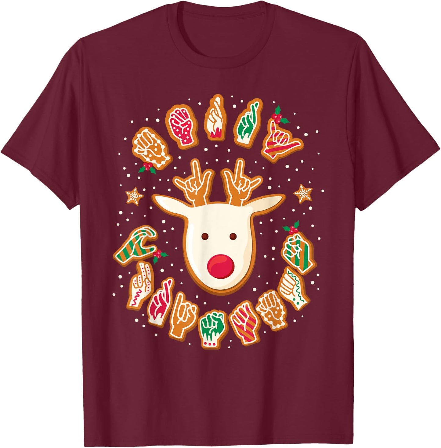 ASL Christmas Reindeer American Sign Language Gingerbread T-Shirt - T-Shirt | Maroon