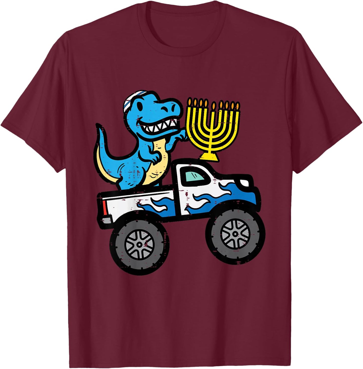 Kids Hannukah Dino On Monster Truck Chanukah Boys Toddler Youth T-Shirt - T-Shirt | Maroon