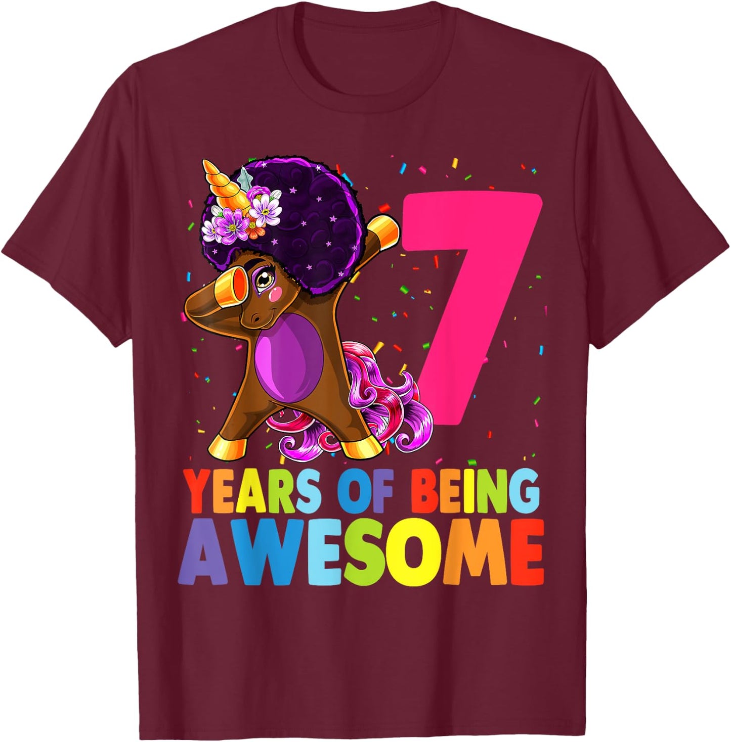 7th Birthday Dabbing Unicorn Afro Party Gift 7 Years Old T-Shirt - T-Shirt | Maroon