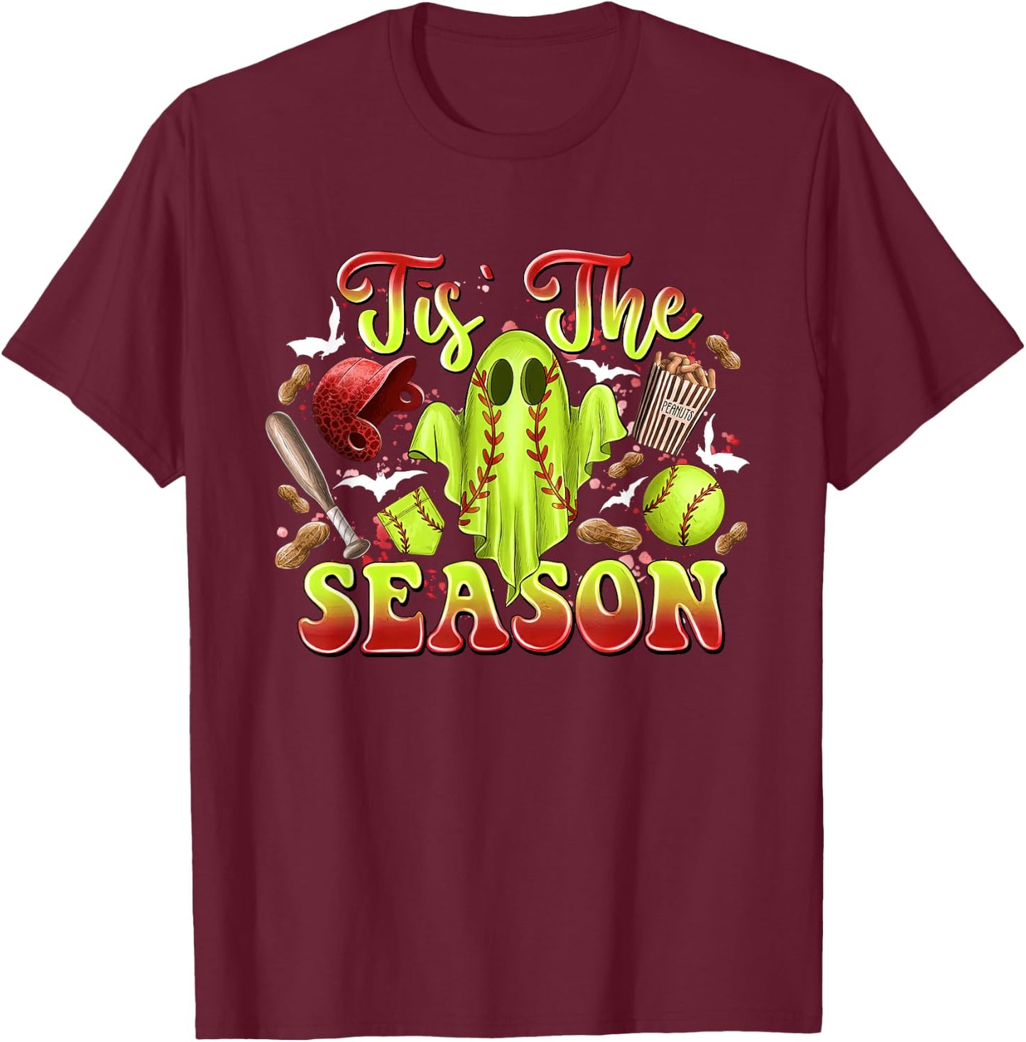 Spooky Softball Ghost Costume Funny Halloween Tis The Season T-Shirt - T-Shirt | Maroon