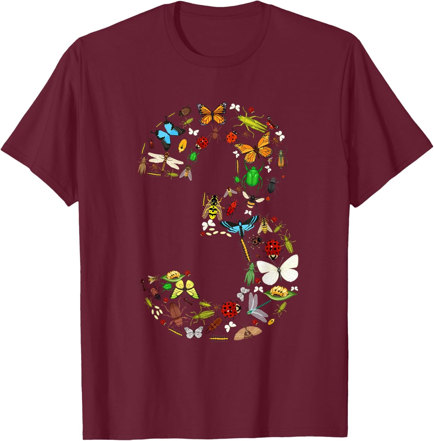 3 Years Old Three Bug 3rd Birthday Bugs Insects Boy Girl T-Shirt - T-Shirt | Maroon