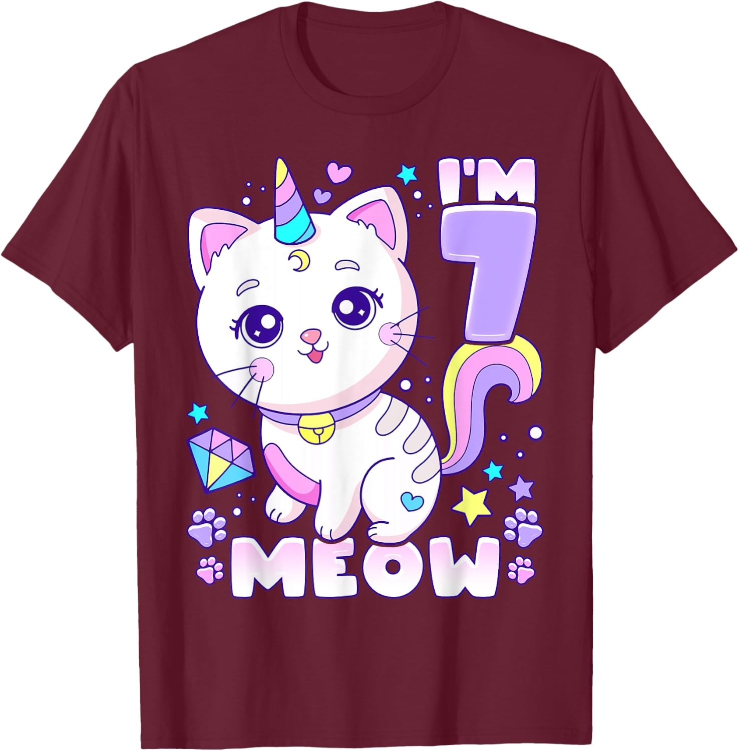 Birthday girl 7 years old, cat, unicorn, 7th birthday T-Shirt - T-Shirt | Maroon