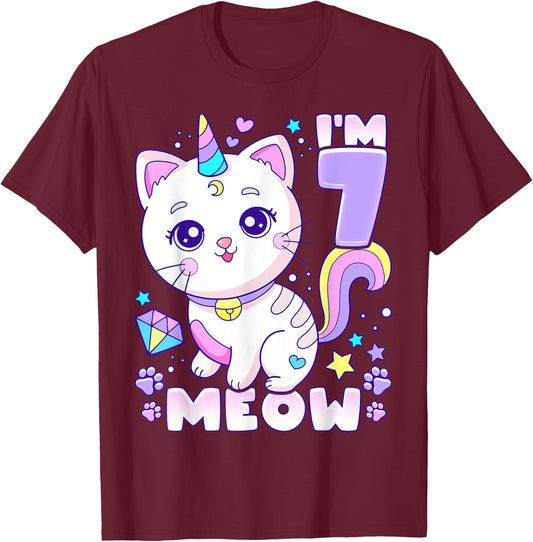 Birthday girl 7 years old, cat, unicorn, 7th birthday T-Shirt - T-Shirt | Maroon