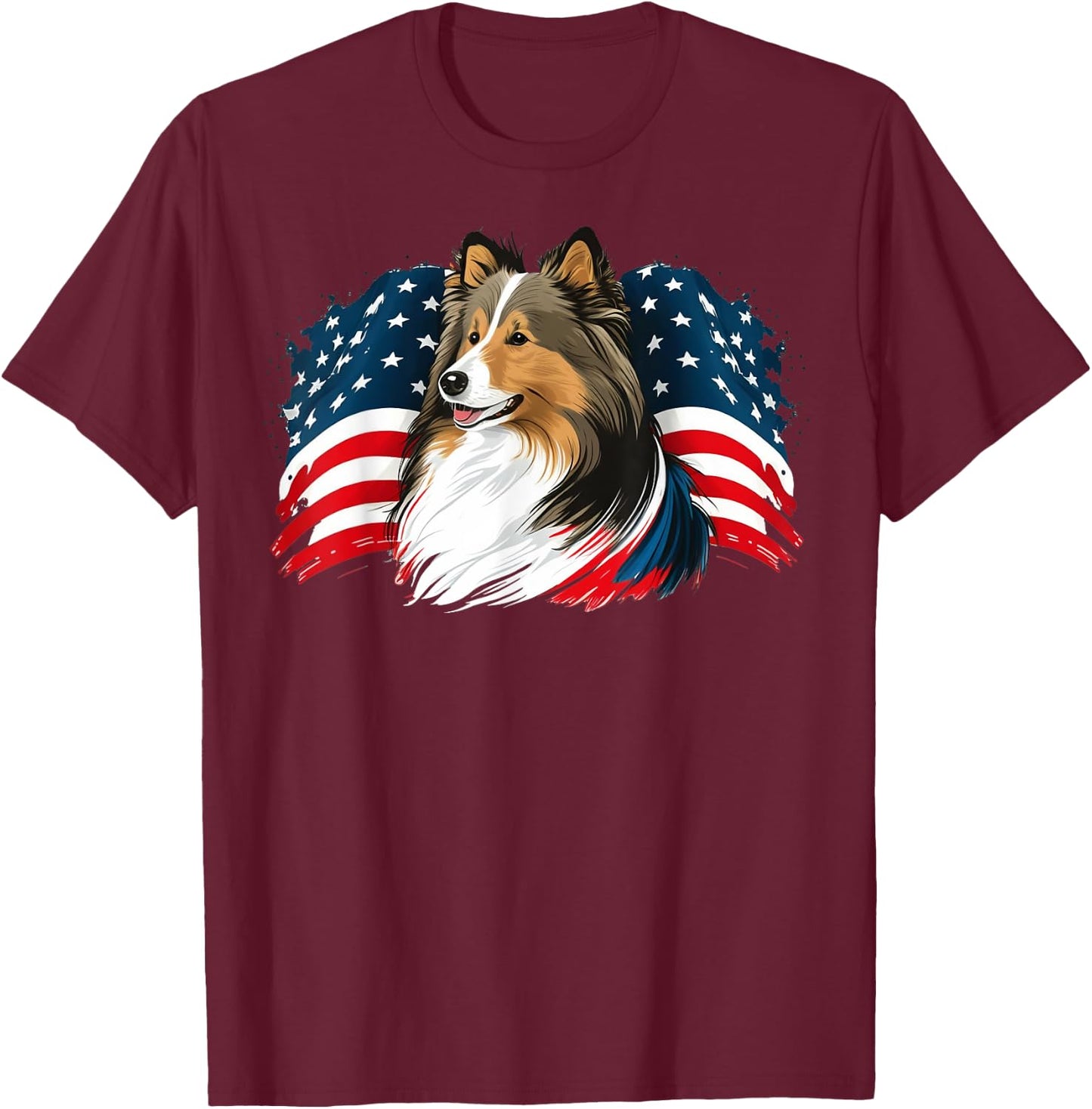USA 4th Of July Sheltie Patriotic American Shetland Sheepdog Women Kids Men T-Shirt - T-Shirt | Maroon
